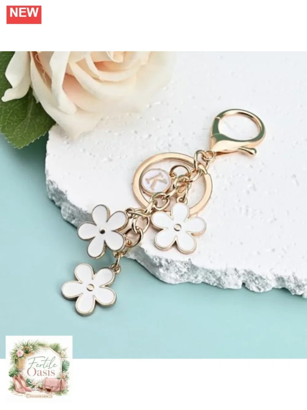 Personalized Initial Keychain Bag Charm Floral Zinc Alloy Gift